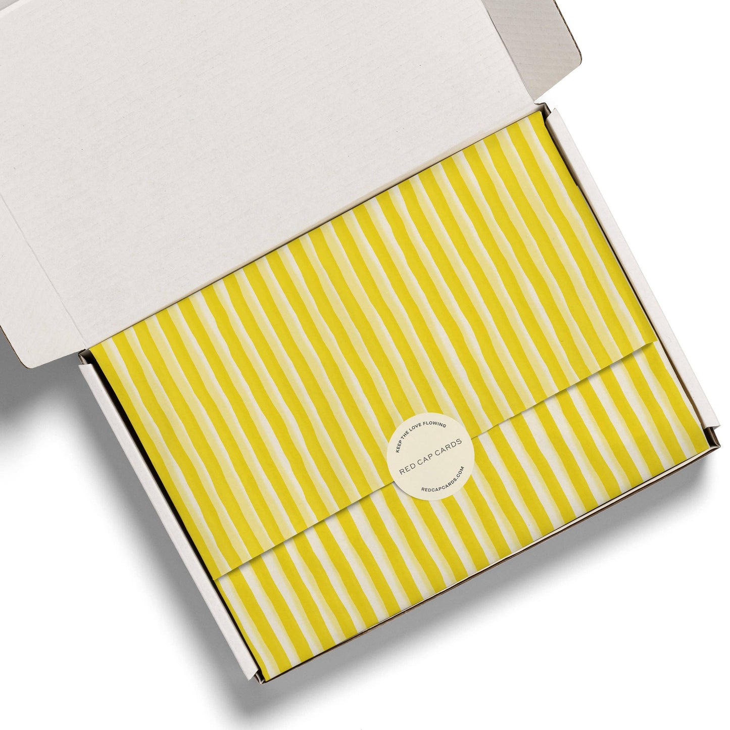 Red Cap Cards • Yellow Stripe Tissue Paper